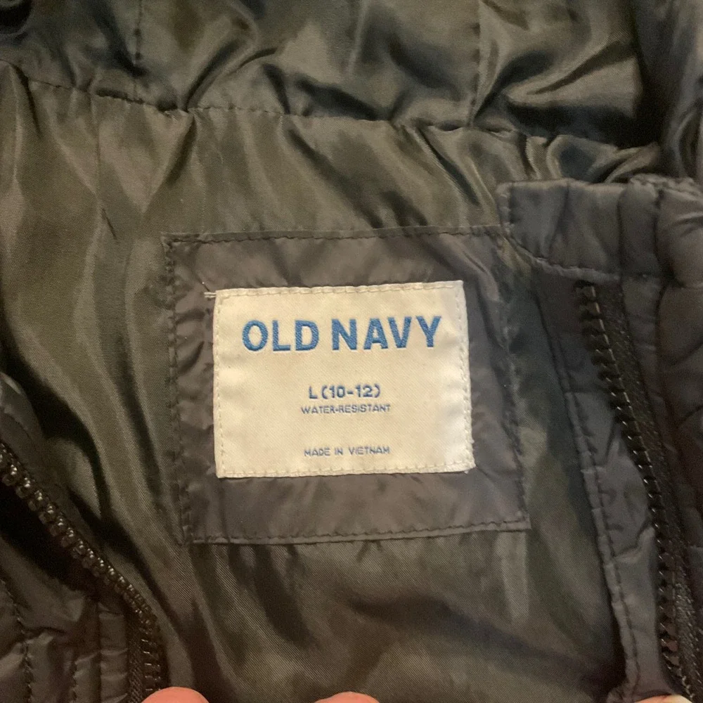 Old Navy Puffer Jacket Kids Size 10/12 Black Full Zip Hooded Lightweight Insulat
